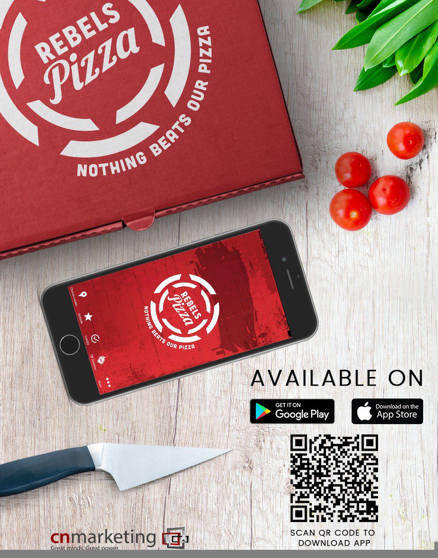 CNMarketingSA's tweet photo. Introducing the Rebels Pizza Mobile App! Developed by CN Marketing with key features such as Professional Loyalty, Online Ordering and Push Notifications. Available for install on Apple and Android devices. #amazingmobileapps #rebelspizza #addonmodules #professionalloyalty https://t.co/5Ba8O2GunX