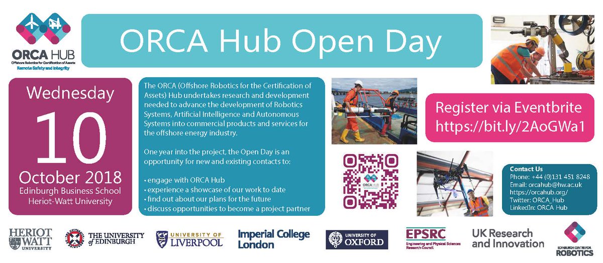 We are holding an #ORCAHubOpenDay on 10 October <a href="/HeriotWattUni/">Heriot-Watt University</a>  to give new and existing Hub contacts a chance to see, hear about and  experience our work and ongoing plans for the project! Register now at bit.ly/2MuqlaI  #Robotics #ArtificialIntelligence #AI