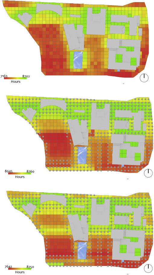 marpauta's tweet photo. Thermal comfort maps of the Swiss International School Campus in Dubai. Total annual comfortable hours without trees (top), with ghaf trees (center) &amp; with palm trees (bottom) https://t.co/upwWdRmVm7 https://t.co/upFrxRaNoW