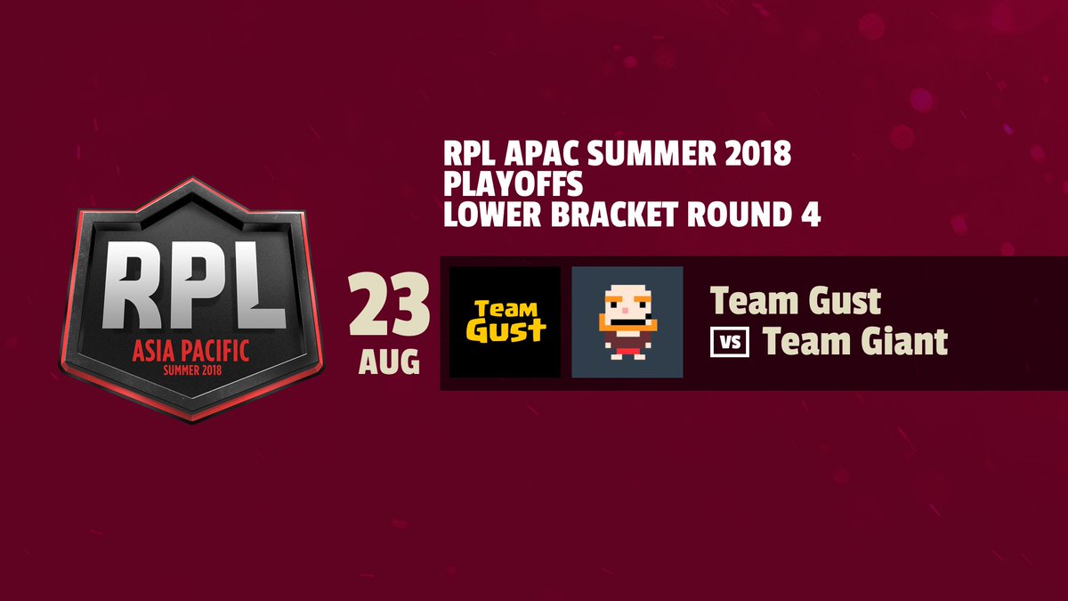 RPL APAC Playoffs

Blast Arise v <a href="/Shanghai_OP/">上海 OP Esports</a> 
(POSTPONED)

Team Gust v Team Giant
21:30 SGT BO3

Stream:
<a href="/bbxh_twitch/">Dee Rock (BBXH)</a> 
<a href="/GamingKelevra/">K Ξ l Ξ V Г Λ Gaming</a>