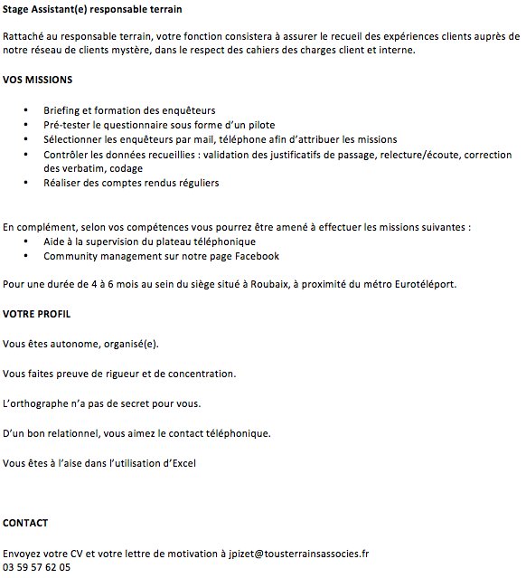 Annonce #Stage - 4 à 6 mois
Assistant(e) responsable terrain sur #Lille