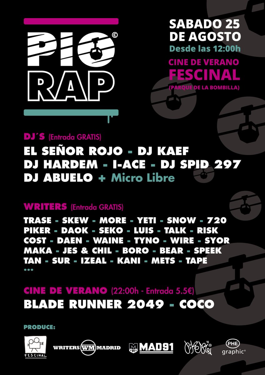 Fescinal's tweet photo. #Planazo de sábado: acercarse a Fescinal desde las 12:00 para ver a nuestros artistas urbanos decorar con grafftis nuestra valla. Además, #PioRap se encargará de ponerle ritmo de rap a la jornada con los mejores DJs. Y por la noche, ¡al cine! https://t.co/tMy4gCvVd9