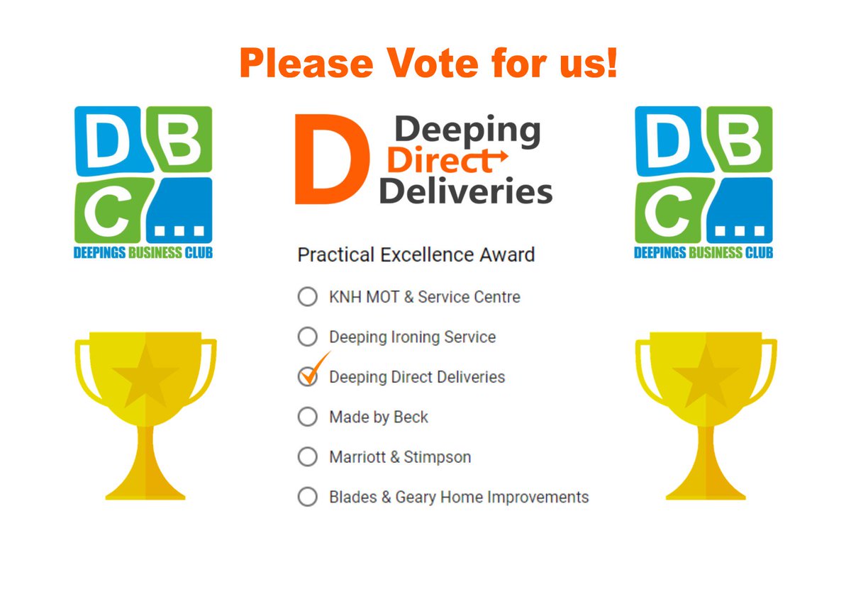 🏆🏆 Only one week left to vote for us at Deeping Direct Deliveries for the PRACTICAL EXCELLENCE award at the deepings business awards! 🏆🏆

Anyone can vote for us to win the award, Please vote using the link below! #deeping #deepingbusinessawards

goo.gl/forms/pG8Eo8Hi…