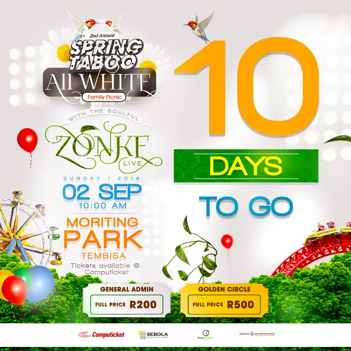 SpringTaboo's tweet photo. When Afro Soul meets comedy at the #SpringTabooAllWhitePicnic πππ
Come looking like angels as we have 10 days left to witness the ever lovely @ZonkeMusic alongside @Bekezelamusic @VusiNova and @MlindoRSAas they soothe you into Spring β€ππ
#SpringTabooWeekend
#MoritingPark https://t.co/22nX4dzl2d
