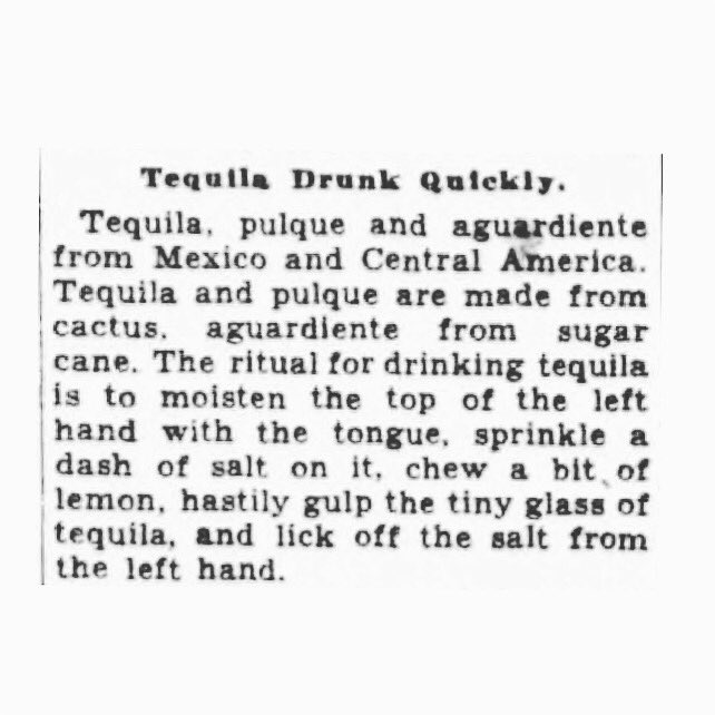 Tucci_Lucio's tweet photo. 1933 - The old ritual for drinking Tequila .... #salt #lemon #tequila #tequilasaltlemon #oldritual #oldnewspaper #vintagebarkeeper #oldstyledrink https://t.co/1lVkswjqWK