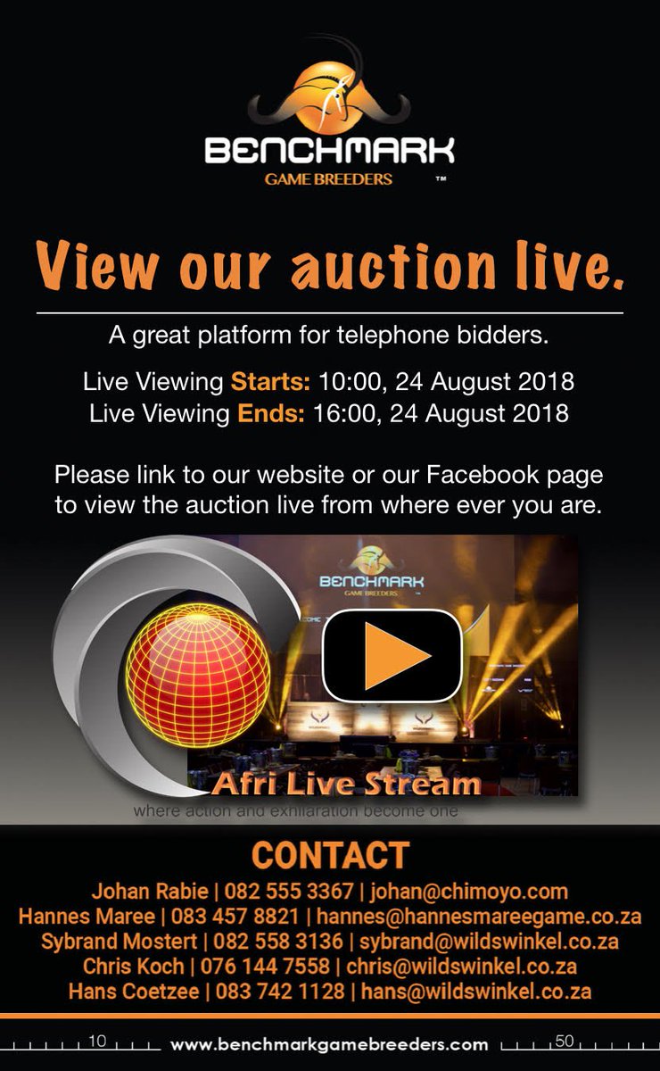 AFRILIVE's tweet image. “The 2018 Benchmark Game Breeders Auction brought to you by Wildswinkel and will be Live Streamed by Afri Live Stream and Productions, proudly sponsored by Meadow Feeds.” @BenchmmarkGameBreeders @BJVGameBreeders @ChimoyoWildlife  @hannesmareewildgame @MeadowFeeds