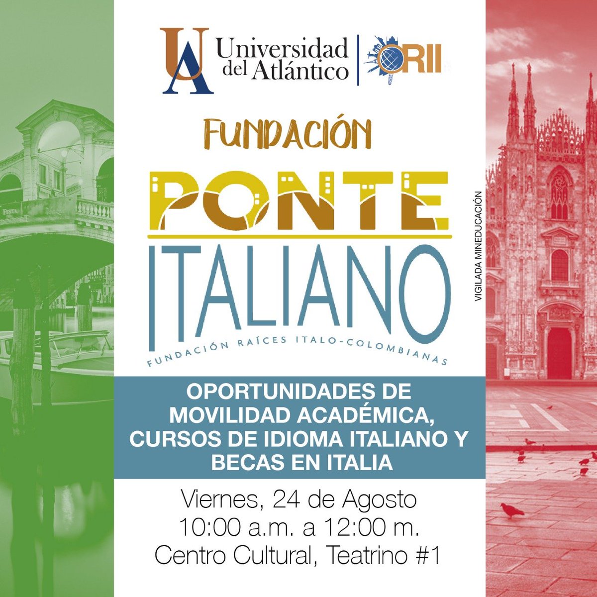 La Oficina de Relaciones Interinstitucionales e Internacionales extiende  invitación a toda la comunidad académica a participar de:  "Jornada Informativa con la Fundación Ponte Italiano” 
Podrán recibir orientación de primera mano oportunidades académicas en Italia #YocreoenlaUA
