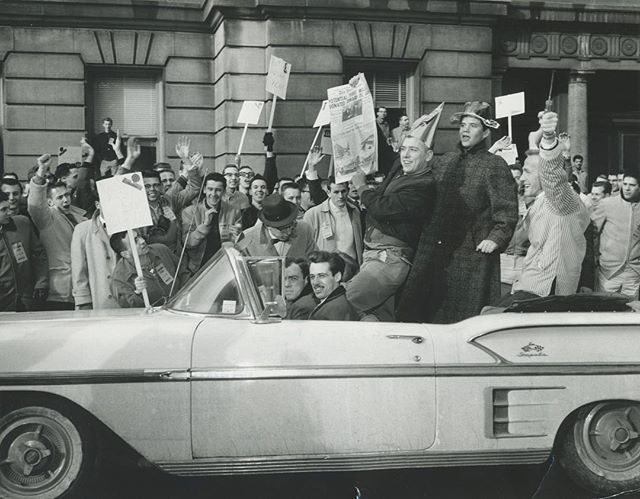 IndianaTech's tweet photo. #throwbackthursday Indiana Tech students celebrate a major donation towards the university campus expansion in 1961. #indianatech #techyeah #lifeattech https://t.co/SyWwCljkjd https://t.co/g5pf44VnBs