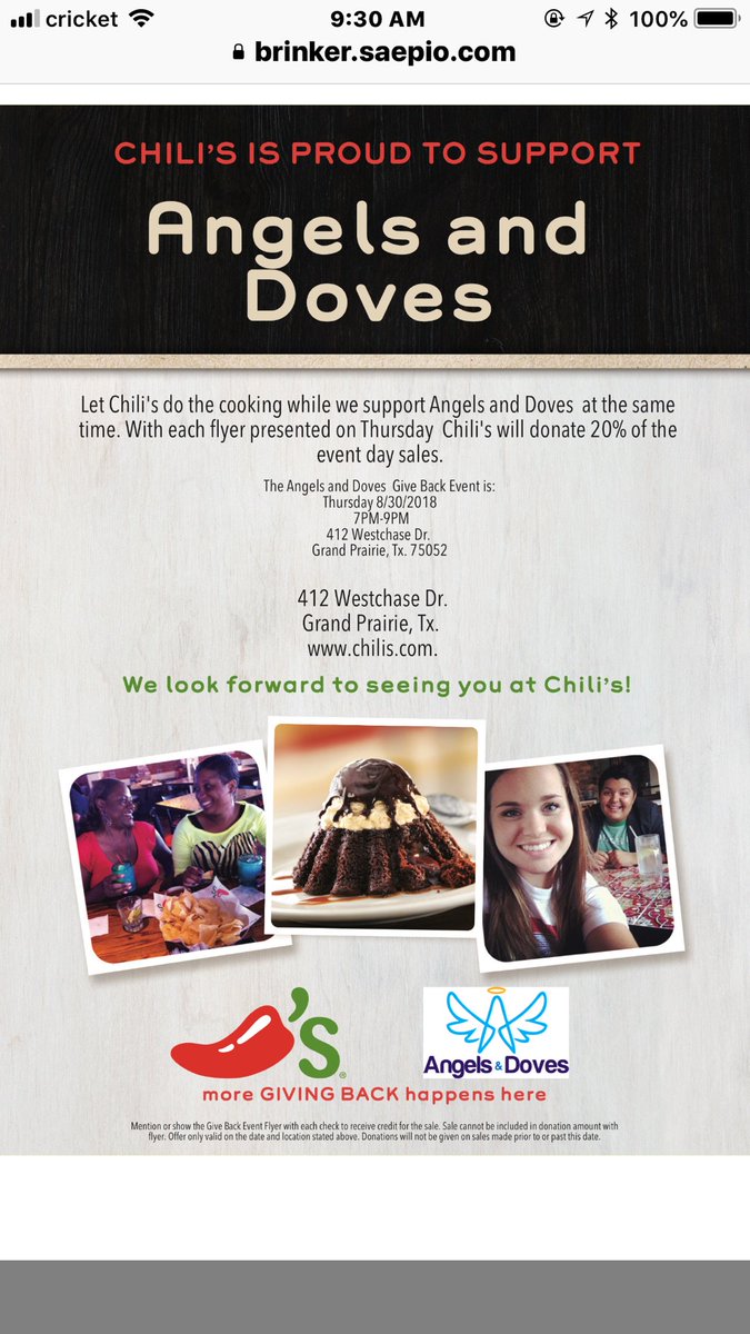 One week from tonight eat at @Chilis @ChilisSupport in #grandprairie #Texas with @margieacosta02 !!  Purse party, yummy food, good cause AngelsandDoves.com!  Bring this flyer with you on 8/30! @margieacosta02 @SocialInDallas @dallasnews @GrandPrairieBL @GrandPrairiePD