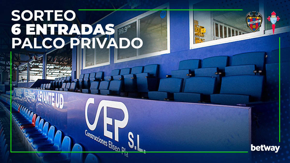 LevanteUD's tweet photo. ¡NUEVO SORTEO! @betway sortea 3 entradas dobles para el palco privado. Disfruta del #LevanteCelta desde el palco más exclusivo del Ciutat y, además, podrás acceder a la zona de catering. 

🎟️ Haz RT y menciona a la persona con la que te gustaría acudir al partido. https://t.co/aZoEhYkKiY