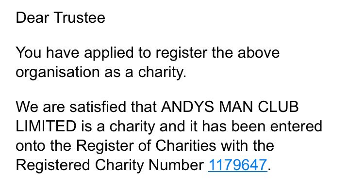 lukeambleruk's tweet photo. HUGE NEWS!!

It’s finally happened 😊

@andysmanclubuk is now officially a charity. 

Over the moon to announce this 😊😊👌🏻👌🏻❤️❤️ https://t.co/VwLfd87Bug
