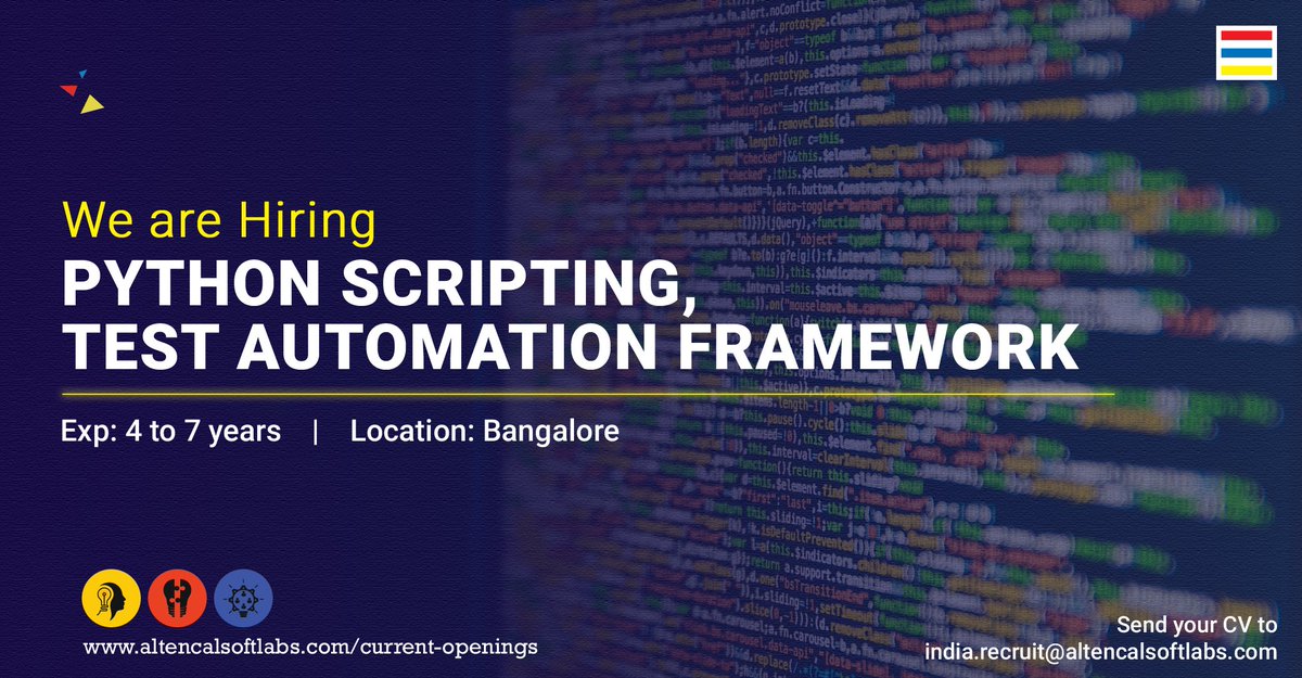ACL_Digital's tweet image. We are hiring Python Engineer
Experience: 4 - 7 years
Location: Bangalore
Share your resume at: india.recruit@altencalsoftlabs.com
or Apply here:
goo.gl/xyQ7LU
#pythonengineerjobs #pythonscripting #testautomationframework #pythonjobs #jobsinbangalore #acljobs