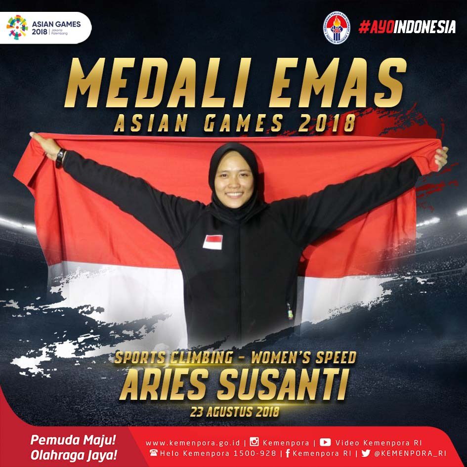 imam_nahrawi's tweet photo. Alhamdulillah.Aries Susanti Rahayu,EMAS ke delapan kita di #AsianGames2018 diraih dr cabang Sports Climbing/Panjat Tebing, nomor Women's Speed 
.
Konsisten Berprestasi,Inilah The Real Spiderwoman kita
.
Kobarkan semangat untuk terus Kibarkan Merah Putih pada puncak tertinggi.-IN https://t.co/X5fWJFxQTf