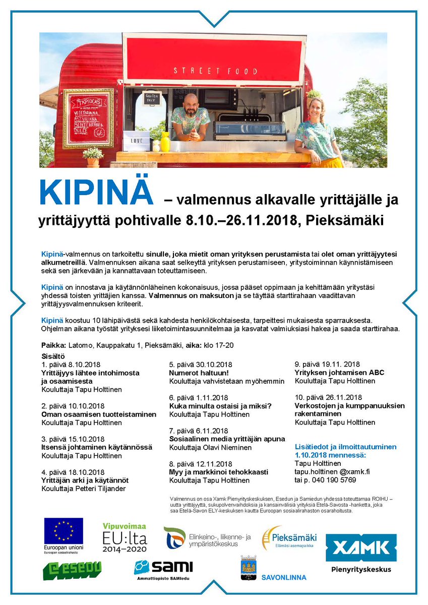 pienyritkeskus's tweet photo. Nyt niitä on jälleen tarjolla! KIPINÄ -yrittäjyysvalmennukset starttaavat Etelä-Savossa, ja ensimmäinen KIPINÄ alkaa 8.10.2018 Pieksämäellä! Pääkouluttajana oppimisen ja yrittäjyyden ammattilainen @tapuholttinen #roihuhanke #KIPINÄ #yrittäjyysvalmennus #pienyrityskeskus #xamk https://t.co/uutAD5Kcg2