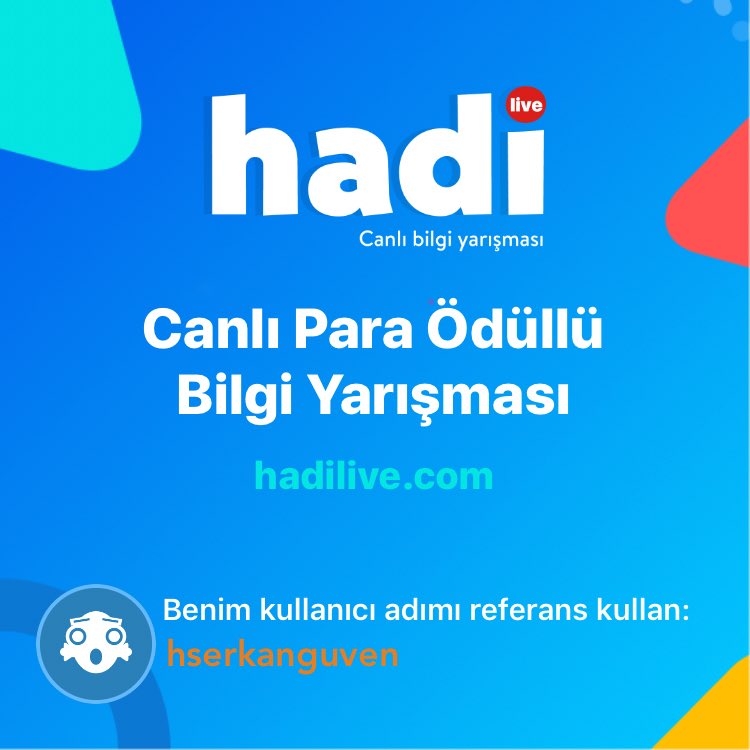 crazyybad's tweet photo. Hadi - Bilgi Yarışması çok eğlenceli, sen de oynamalısın. Kayıt olurken referansına benim kullanıcımı "hserkanguven" yaz lütfen. https://t.co/cPoHztX1Kz @hadioyna https://t.co/4TtltHU1ye
