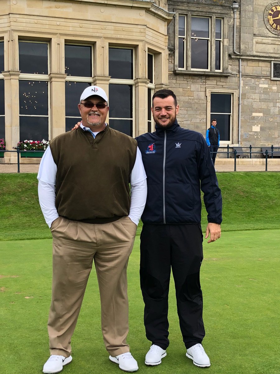 SGHGolf's tweet photo. I think Mark is a little happy to be playing the Old Course @TheHomeofGolf on his 40th birthday today, what do you think? @SeanBissettPGA https://t.co/XFpcGU9tBp