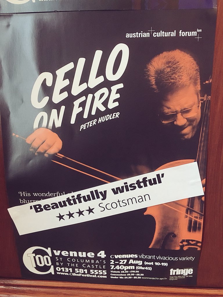 PalomarTheatre's tweet photo. News just in! Fringe recommendations: @celloonfire at @Cvenues #CToo is a mesmerising, meditative 45 minutes of pure musical wonderment. @peterhudler is a truly joyous and talented performer. Catch it for something different and original at this years #EdFringe2018 https://t.co/WCRK2cRqXd