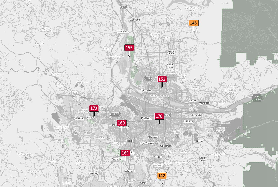 KGWSunrise's tweet photo. Yikes. Here's the air quality around the Portland metro area as of 5:45 AM. #pdxtst #IAmUpPDX https://t.co/tKwC6P8Bsi