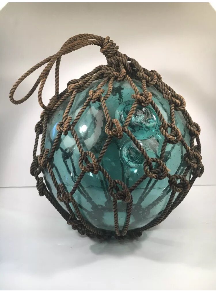 SouthBendPicker on X: Vintage Antique Japanese Glass Fishing Floats Buoy  Ball Roped Large Blue Glass  @   / X