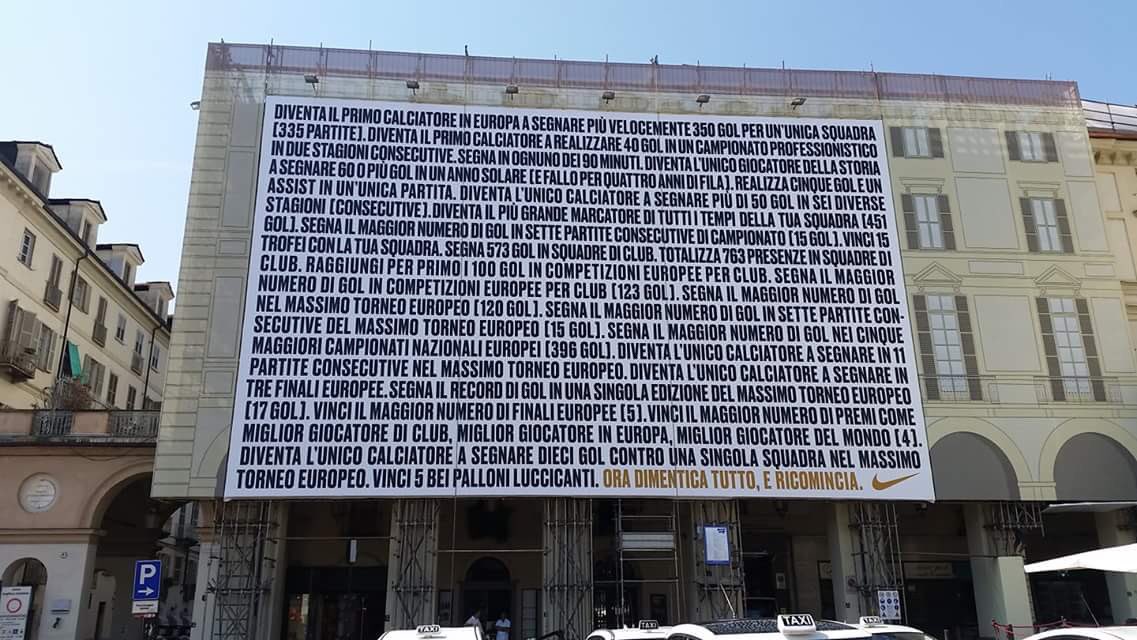 Piazza Vittorio Veneto, Turin.

Every one of Cristiano Ronaldo's achievements is listed in black.

In yellow - "Now forget everything, and start again."