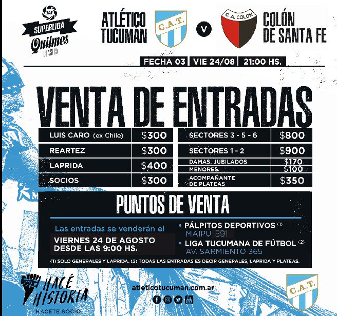 #SuperligaQuilmesClásica

¡Salen las entradas! 

Información sobre precios y puntos de venta de tickets para el partido de este viernes, ante Colón.

#VamosDecano 💪💙