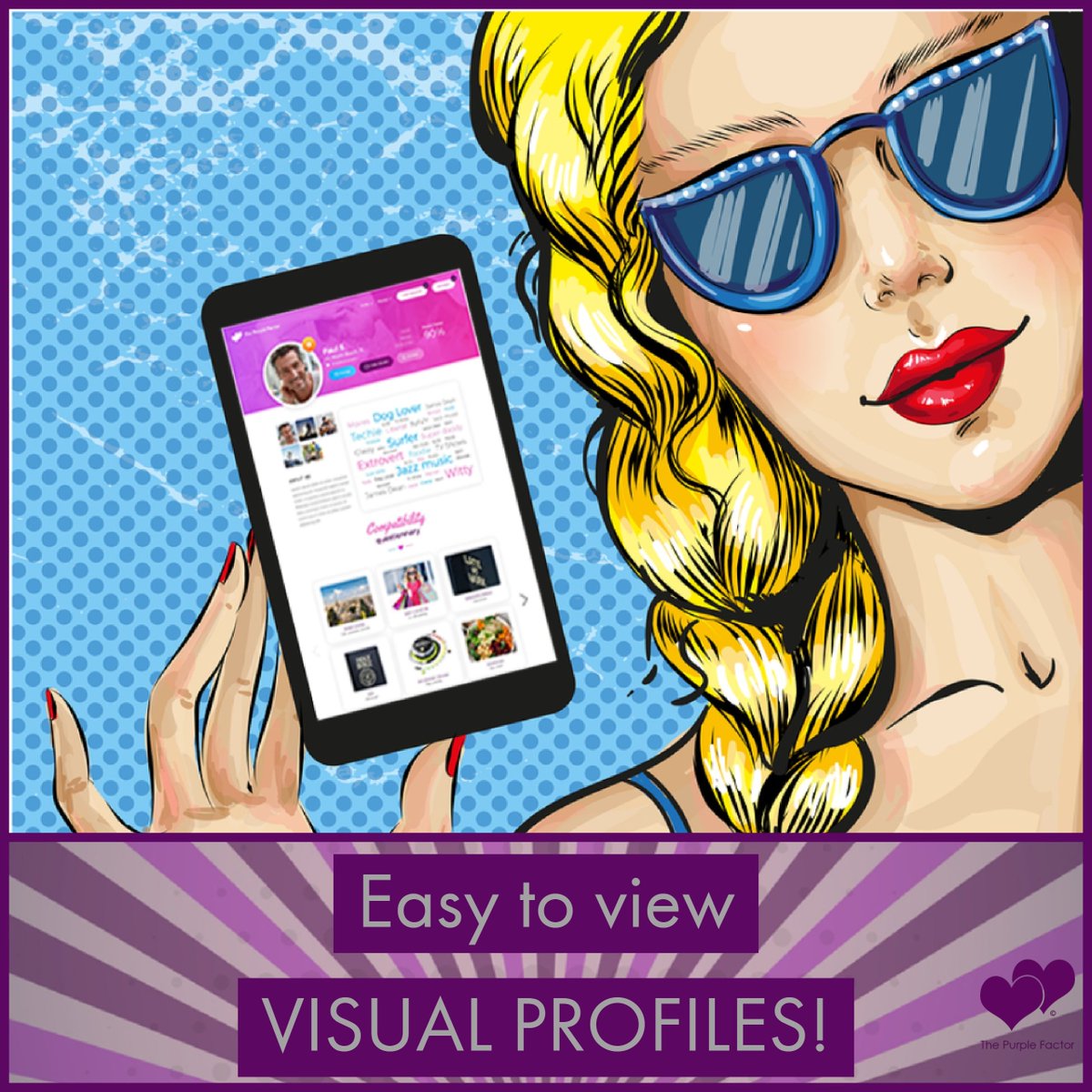 ThePurpleFactor's tweet photo. No more need to read lengthy paragraphs about someone to find out about them! Easy visual profiles are one of our biggest and best features! #ThePurpleFactor #OnlineDating https://t.co/QeAirVog55
