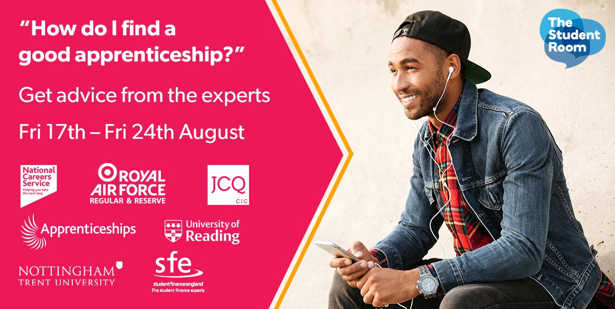 Apprenticeships's tweet photo. Wanting some advice or a chat about #apprenticeships this GCSE #resultdays? We are live until tomorrow, answering your questions. Visit @thestudentroom: https://t.co/2cDZ0kLfbD https://t.co/VrzFTrARZg