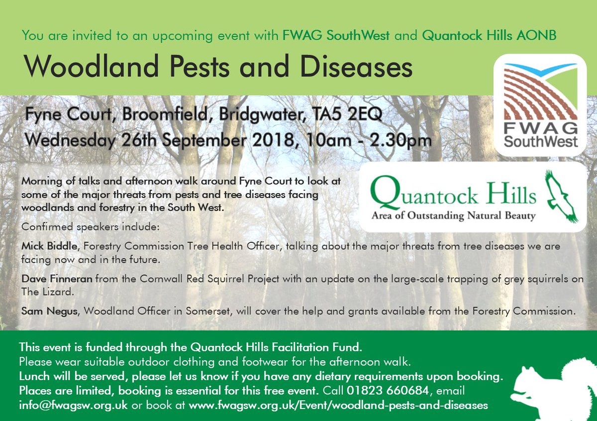 Upcoming event: Woodland Pests and Diseases, Bridgwater, on Wednesday 26th September '18, 10am-2.30pm. Join us for a morning of talks followed by a walk around Fyne Court to look at some of the major threats facing woodlands and forestry in the South West. fwagsw.org.uk/Event/woodland…