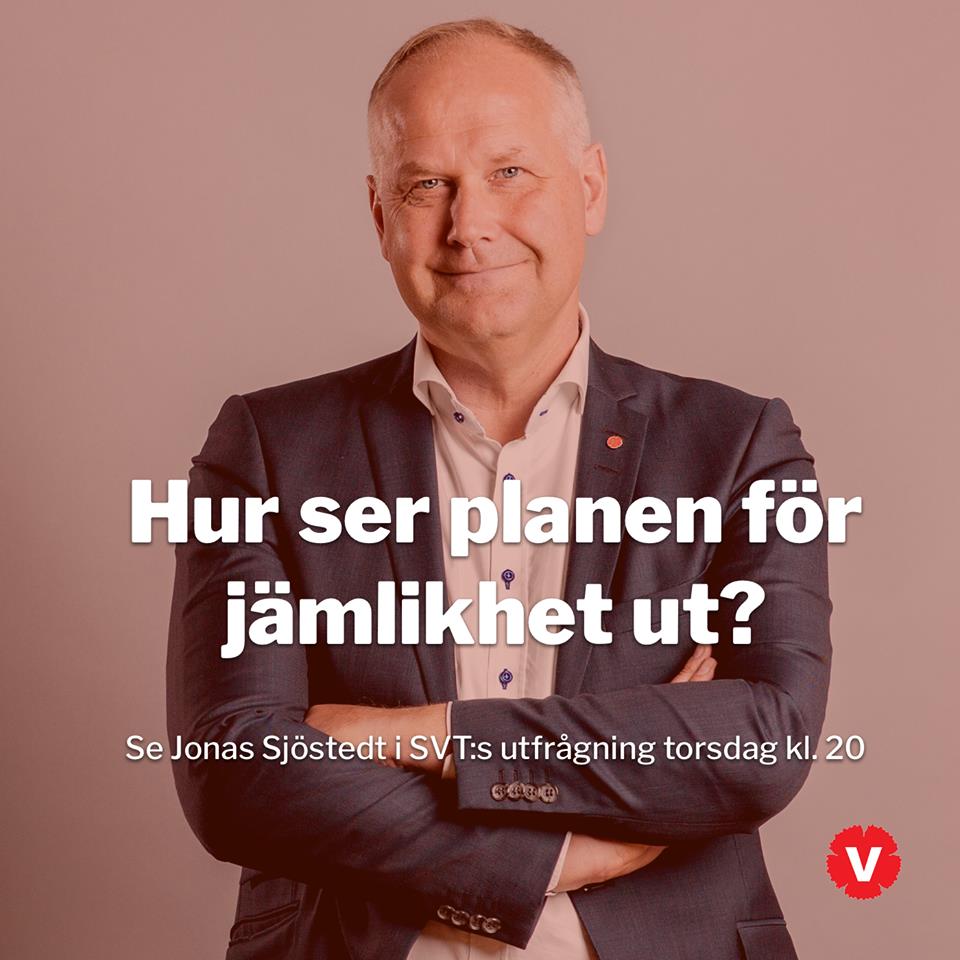 vansterpartiet's tweet photo. I dag är det dags för @jsjostedt i SVT:s #utfrågningen! SVT1 eller SVT Play kl 20.00. Då ska vi försöka göra tydligt hur jämlikhet är 🔑 för att lösa problemen i samhället. Titta! #V2018 https://t.co/2qmA6hT1x3