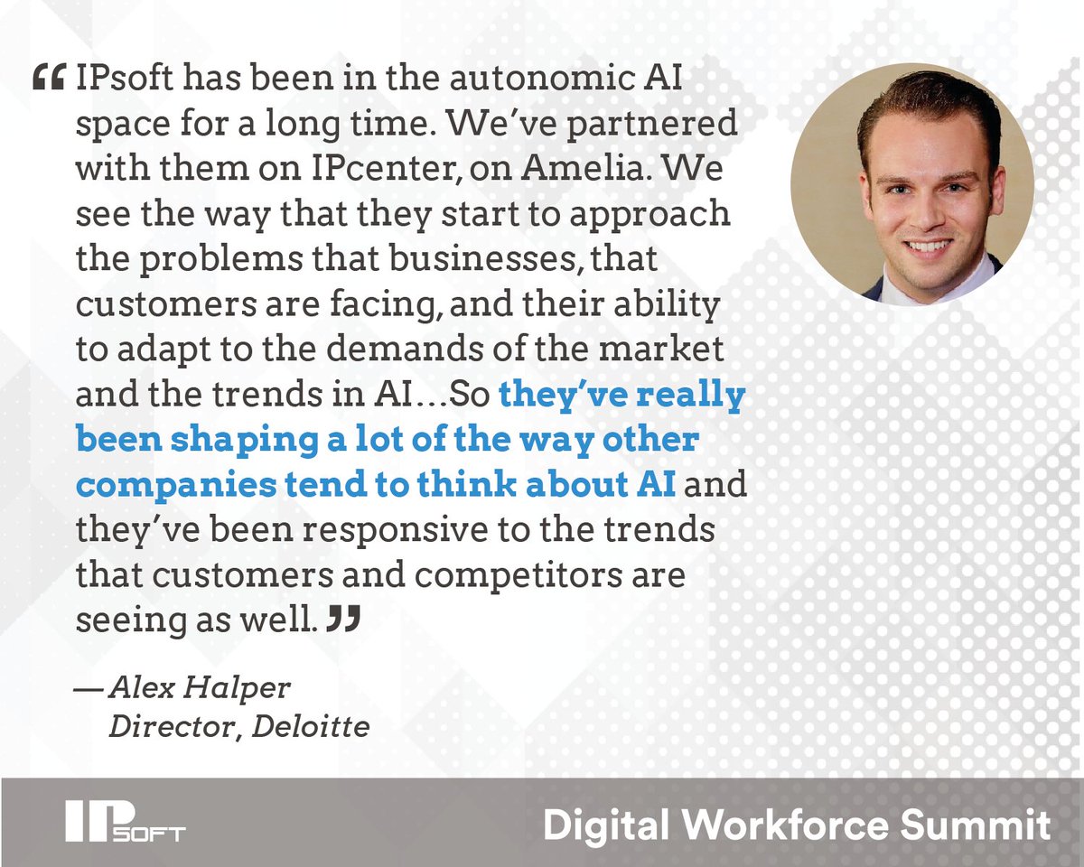 TheAmeliaAI's tweet photo. At #IPsoftDWS, @ai_halper of @Deloitte shared his enthusiasm for IPsoft’s #1Desk platform: “It gives sort of the tip of the spear towards bringing AI into the organization.” Watch the interview here. https://t.co/5pTRvziQaO https://t.co/9kmkj7Ikv6