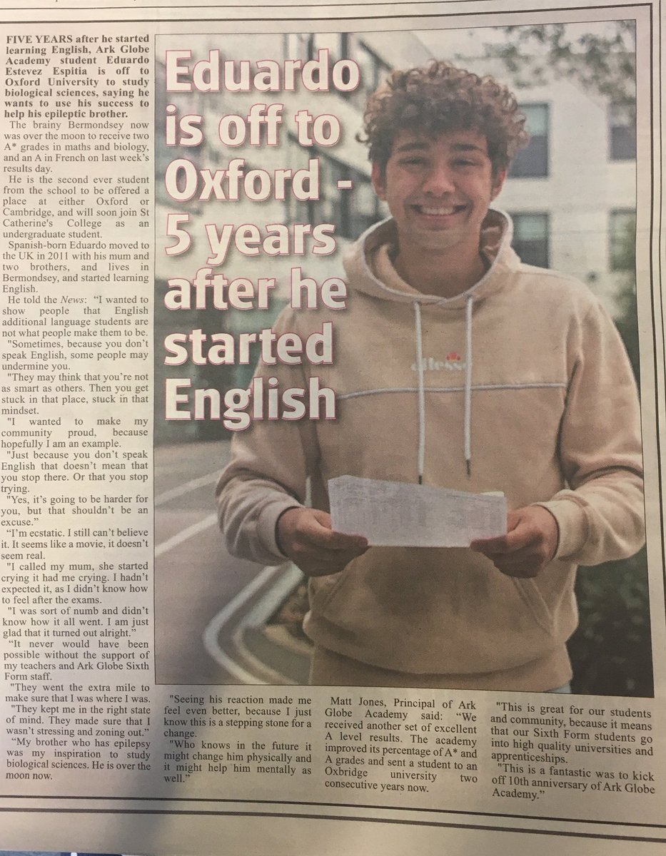 ArkGlobeAcademy's tweet photo. Wonderful to see Eduardo on the front page of @Southwark_News - Grab one to read his #inspiring success story - #alevels2018 #proud #GlobeSixthForm https://t.co/WrKhtmWbvR