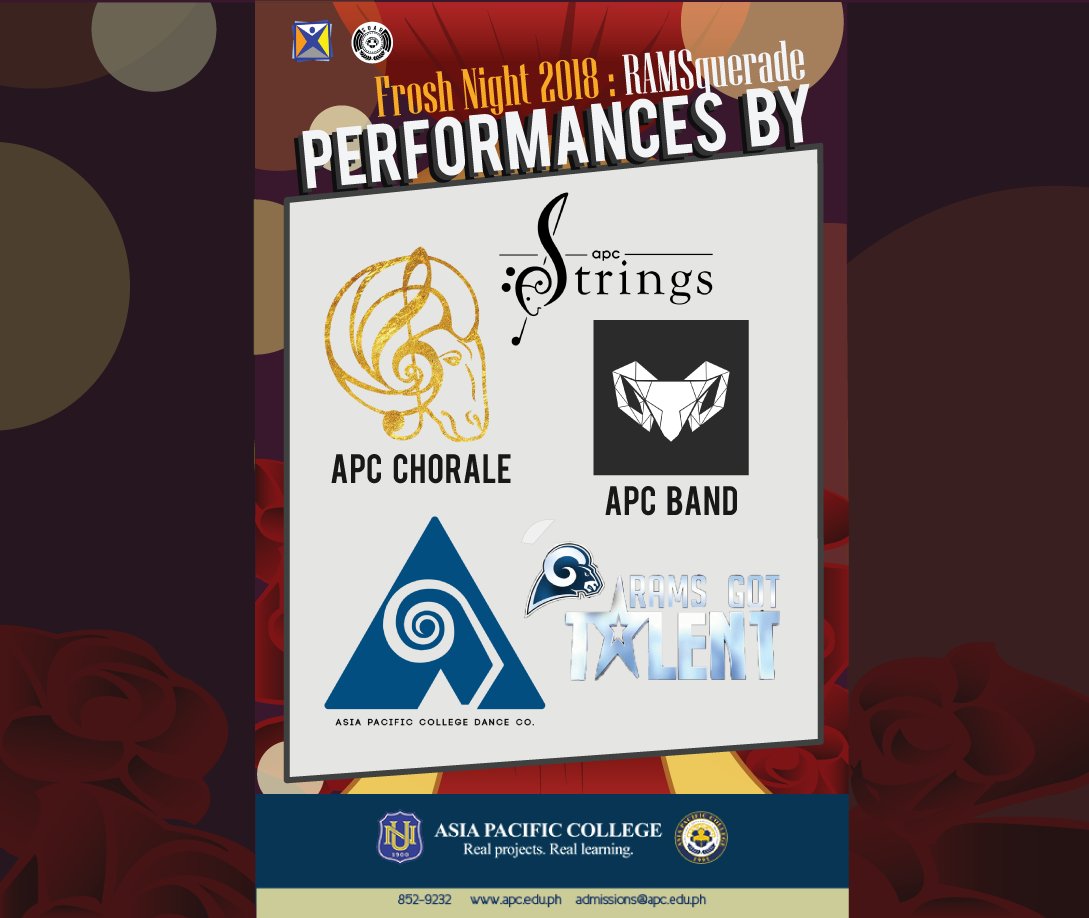 apcsoar's tweet photo. FROSH NIGHT 2018: RAMSquerade will surely be hyped up by these special performances from:
APC Chorale
APC Dance Company
APC Band
APC Strings
RAMS' Got Talent Winners
#PhantomOfTheOpeRAMS
#FROSHNIGHT2018
#RAMSquerade https://t.co/4fT2ODoeF1