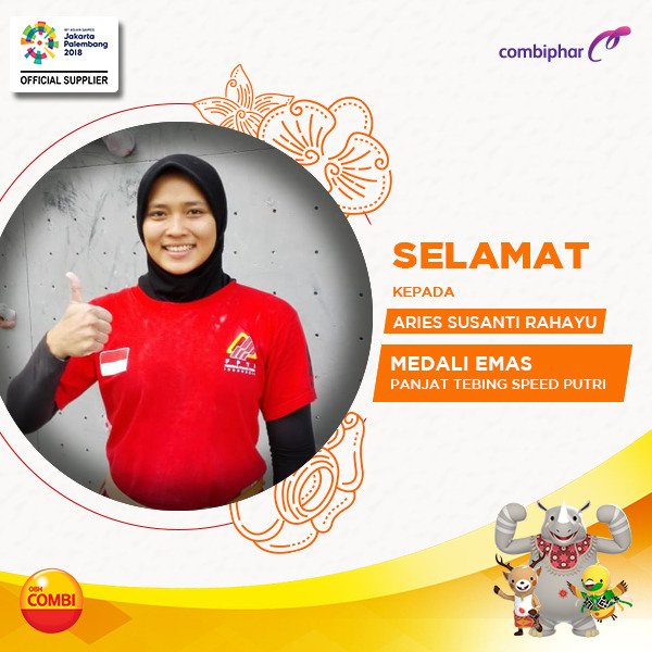 Aries Susanti Rahayu berhasil meraih emas untuk cabang olahraga panjat tebing speed
putri! Ini bukti nyata, jika ada kemauan dan kerja keras, kita pasti bisa
kalahkan batas. Ayo dukung terus #IndonesiaKalahkanBatas!
