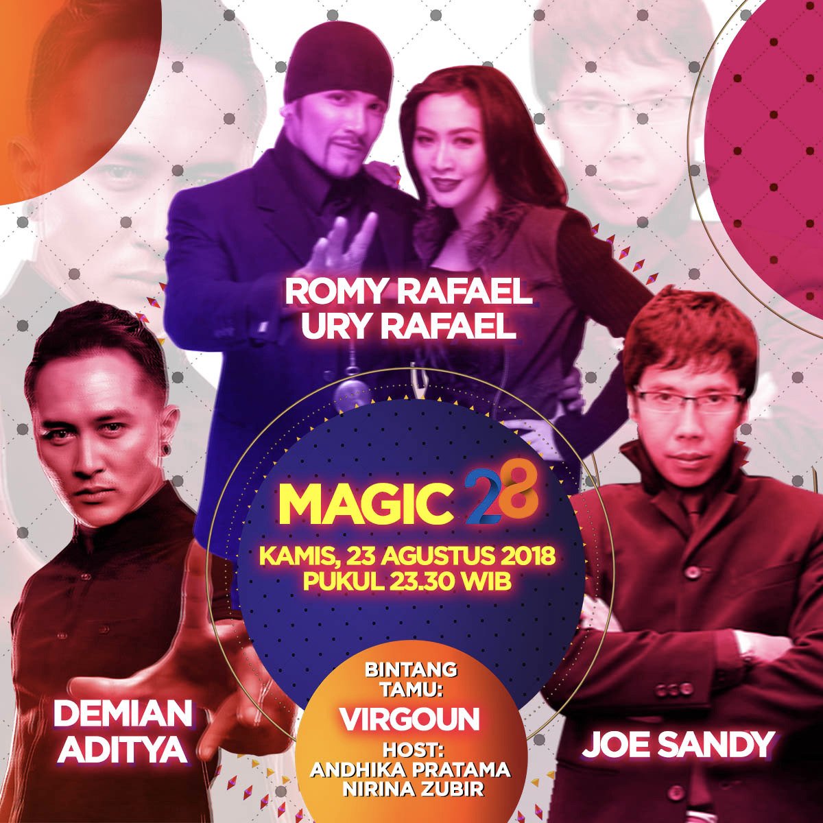 SCTV's tweet photo. MALAM INI! @_DemianAditya_ @joesandymaster @romyrafaelmind & Ury Rafael akan membuat kalian terpukau dengan aksinya.
Dimeriahkan oleh @LCvirgoun serta dipandu oleh @dhikacungkring & @nirina_zubir!
Saksikan #Magic28 LIVE dalam "Rangkaian Acara 28 Jam Live Nonstop" pkl 23.30 WIB https://t.co/nVBFhrK9G4
