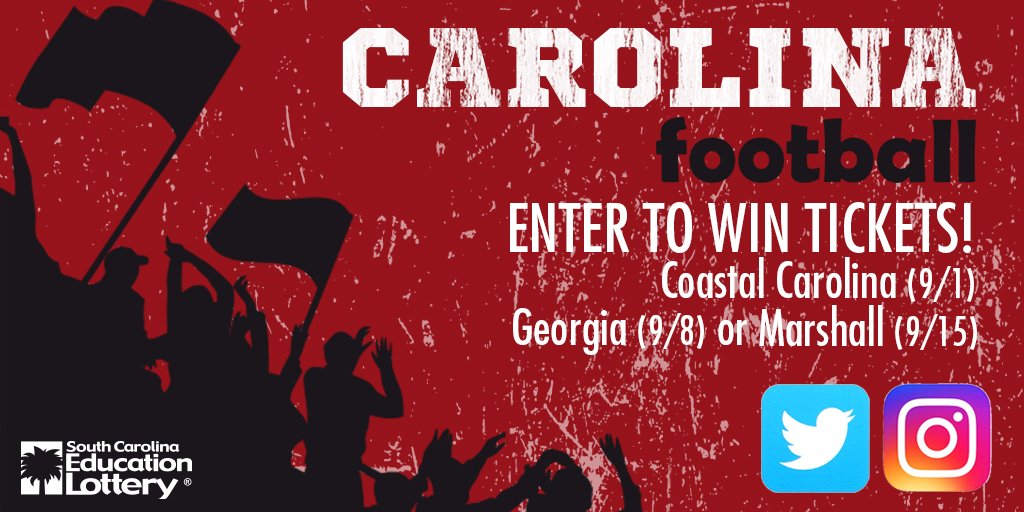 sclottery's tweet image. Gamecock fans, enter to win tickets to the Coastal Carolina, Georgia or Marshall game.  RT and FOLLOW @sclottery to enter! SC residents only. Must be 18 or older. Rules: bit.ly/2PyX8t0