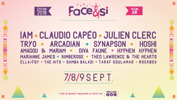 #FESTIVAL 🤘Face &amp; Si fait son retour du 7 au 9 septembre dans le magnifique parc de Beaupuy (85) avec <a href="/IAM/">IAM</a>, <a href="/claudiocapeo/">Claudio Capéo</a> ou encore <a href="/synapson/">SYNAPSON</a> ! Un festival authentique et familial comme on les aime ❤

🎟 bit.ly/2MNHOde