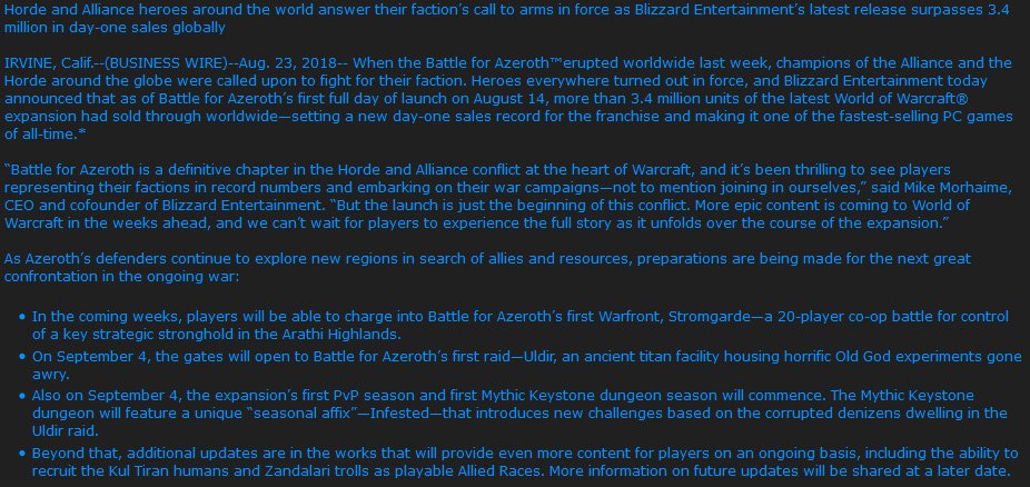 MMOChampion's tweet photo. Battle for Azeroth Becomes Fastest-Selling World of Warcraft Expansion Ever - https://t.co/IZ4RHIaJMt https://t.co/2yFByU6coR