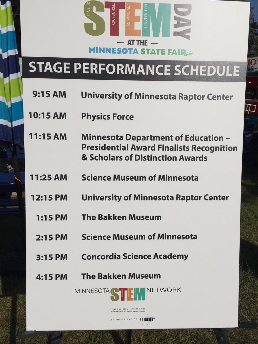 jcmichener's tweet photo. Here’s the performance stage schedule for #MNSTEMDay2018 in Dan Patch Park at the #mnstatefair - we’re giving away t-shirts! https://t.co/RRTRLxVPfA