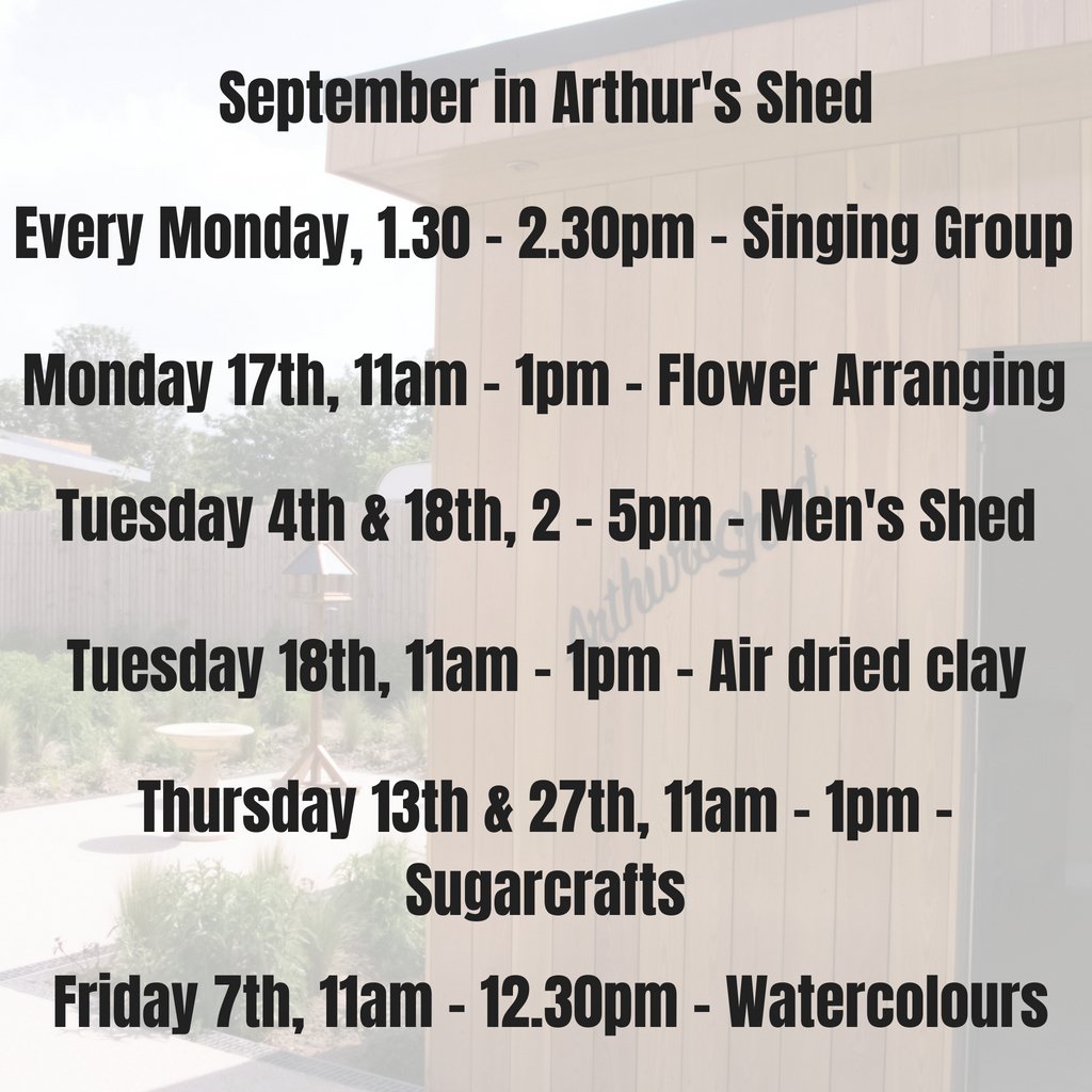 ArthurRankHouse's tweet photo. Please RT! Lots coming up in our #ArthursShed during September! Including Singing group, flower arranging &amp; Men's Shed! This is a community space open to everyone. For more info or to book please call 01223 675777 https://t.co/JPQI8C5kri