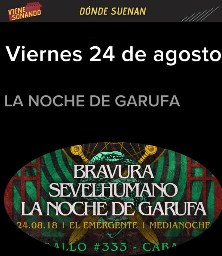#DondeSuenan viernes 24 de agosto
<a href="/LaNocheDeGarufa/">La Noche de Garufa</a> sigue presentando su disco "Damocles" en El Emergente (Abasto) a la medianoche junto a #Bravura y <a href="/sevelhumano/">Sevelhumano</a>.
Más info de esta fecha y todas las del finde en vienesonando.weebly.com/doacutende-sue…