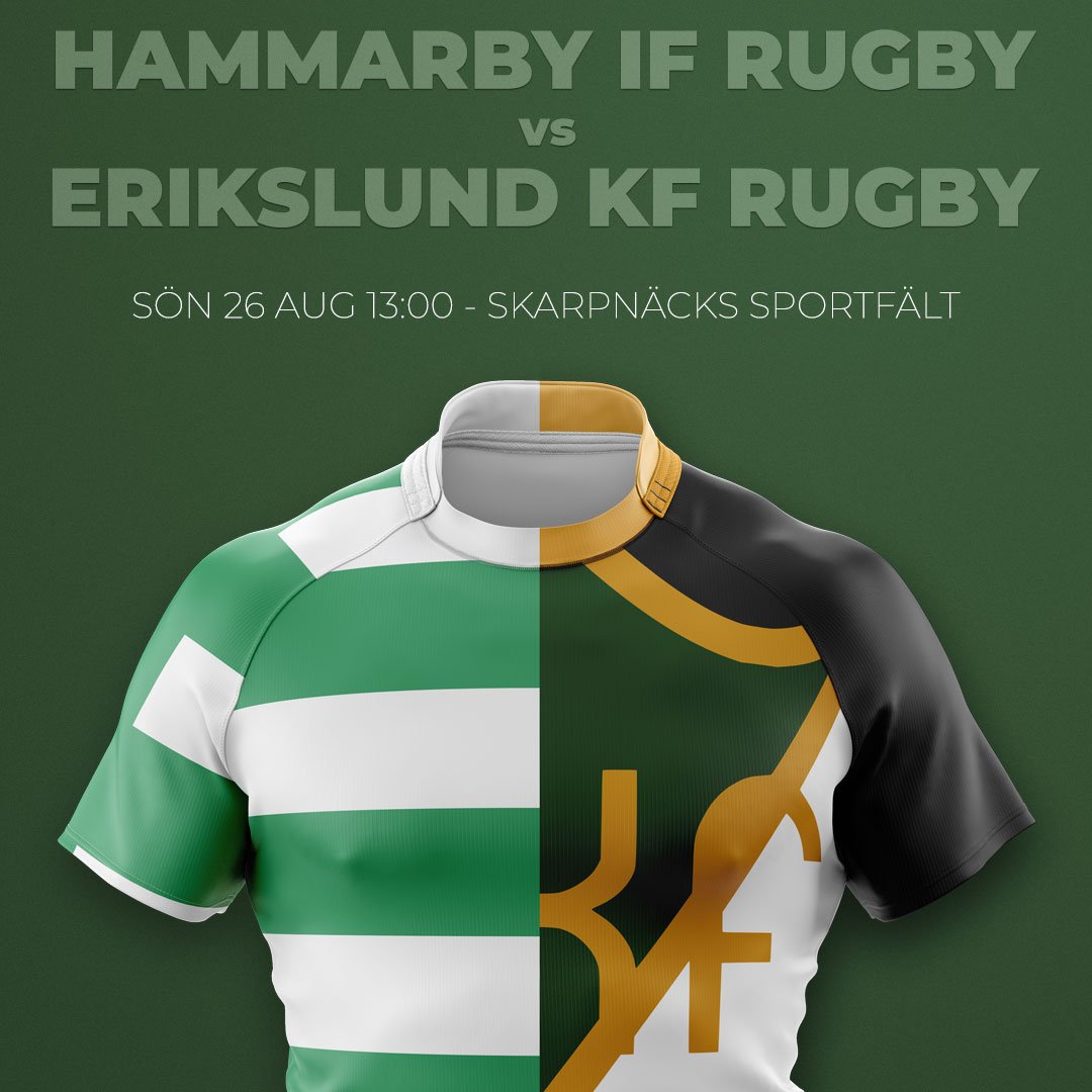 På söndag möter våra seniorer @hammarby_rugby  i div1! Tag med familj, släkt, vänner, chefen, brevbäraren, hunden och alla andra som uppskattar bra rugby till Skarpnäcksfältet och heja fram våra Erikslundare!