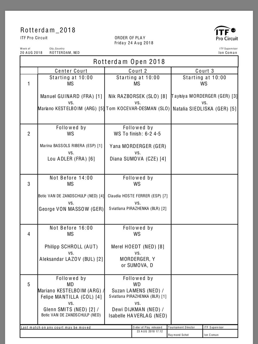 RotterdamOpen's tweet photo. Order of play (inclusief wheelchair) vrijdag 24 augustus #tennis #wheelchairtennis #Rotterdam #ITFFuture #internationaltennistournament https://t.co/LViZzSzw5E