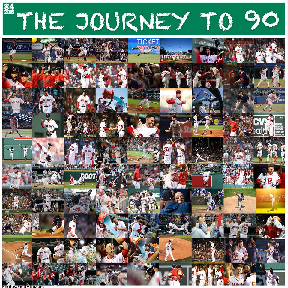 wbz's tweet photo. Hey @ac13alex - we're assuming your office wall looks something like this now. Congrats @RedSox on your 90th win! #RedSox #RedSoxNation #DirtyWater https://t.co/LiKXrrRTCl https://t.co/BHx5fYZD2i