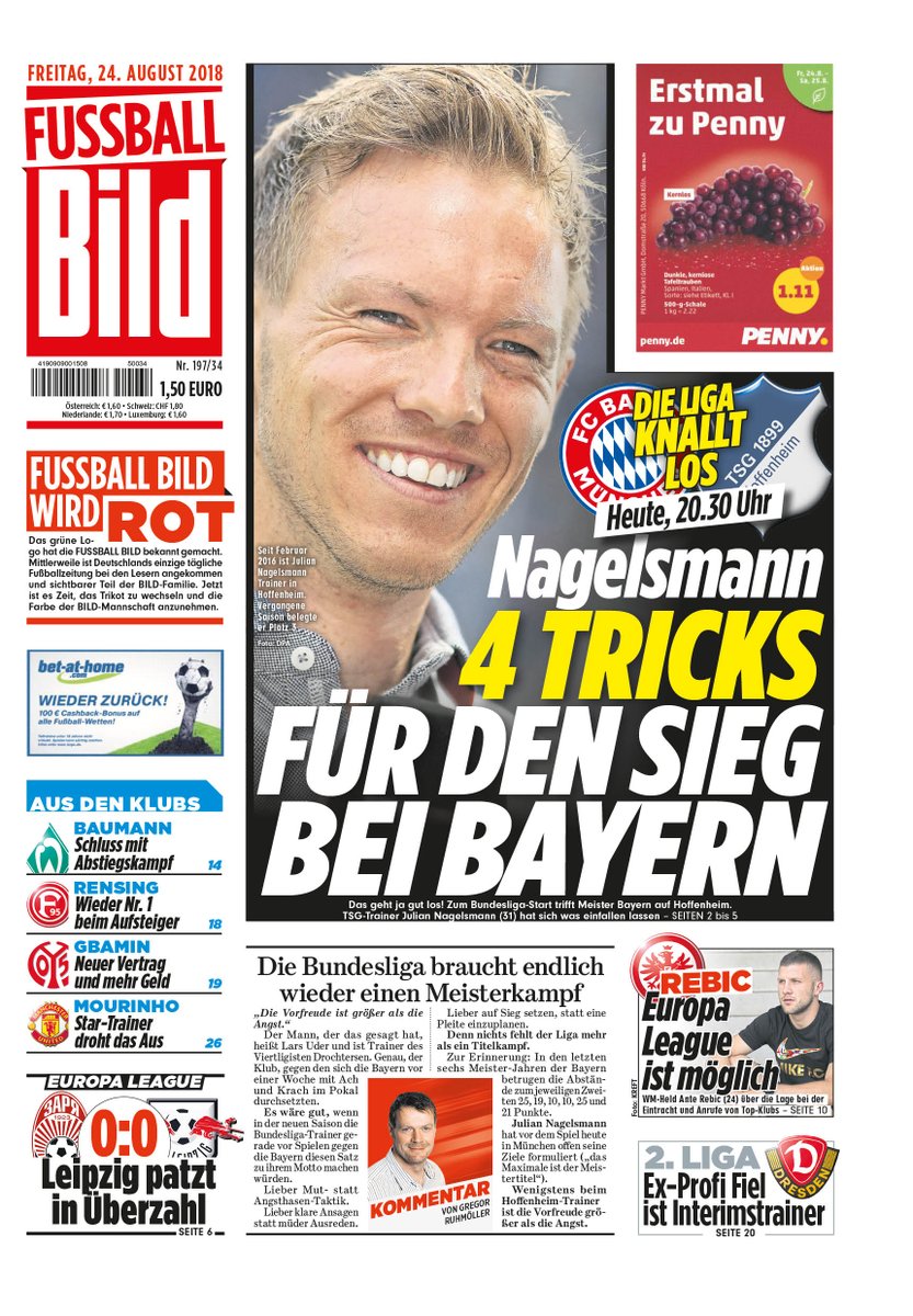 Fussball_Bild's tweet photo. FUSSBALL BILD ab morgen in ROT! 4 Seiten zum Knallstart der  #Bundesliga @FCBayern @tsghoffenheim TV-Experten tippen die Saison. Kolumne von Kult-Trainer Peter Neururer https://t.co/phOQ72EZe0