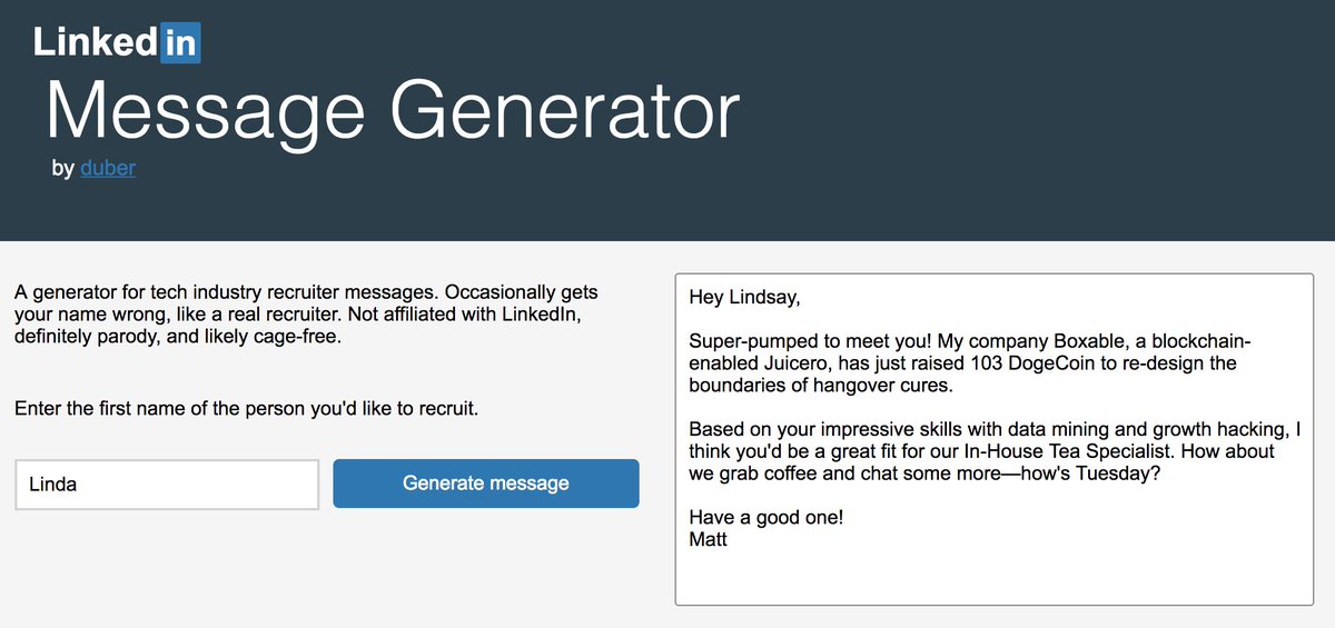 lindaxie's tweet photo. My friend Andrew made this LinkedIn message generator and it is everything I could have hoped for https://t.co/lFytEYUMmt https://t.co/XCkA9sHIf8