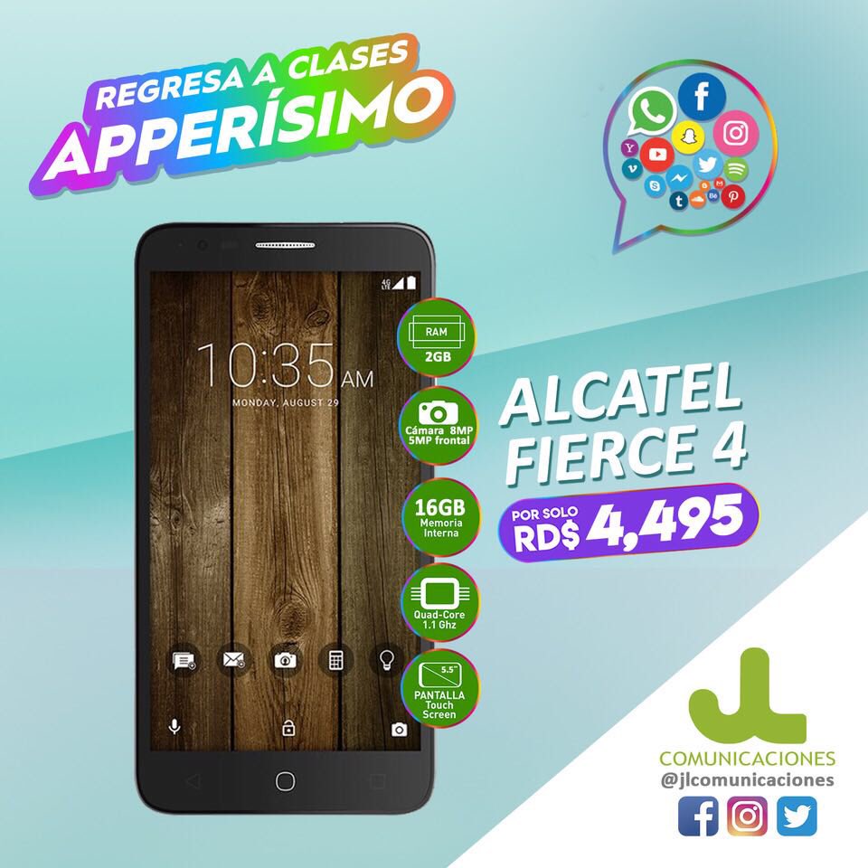jlcomunicacion's tweet photo. Seguimos con nuestras ofertas de la promoción “REGRESO A CLASES” con este fabuloso equipo ALCATEL FIERCE 4 por tan solo RD$4,495. Pasa por una de nuestras tiendas y llévate tu equipo preferido.#ofertasjl #jlcomunicaciones #alcatelfierce4 #smartphoneRD #celularesenrd #FelizJueves https://t.co/ei7KONPkud