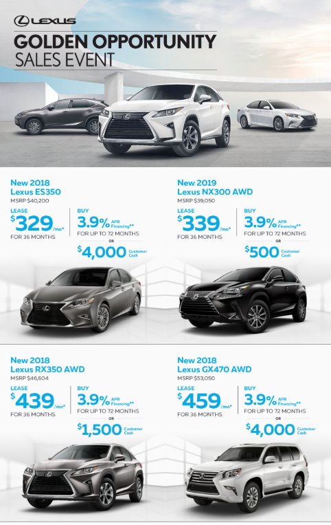 MotorWorldMO's tweet photo. Visit #MotorWorld #Lexus during The Golden Opportunity Sales Event to take advantage of incentives like the ones here. View our inventory at https://t.co/fqPiIEEDwm Offers end 9/4/18.  #WilkesBarre #Scranton #Hazleton #Allentown #Binghamton #NEPA #ES500 #NX300 RX350 https://t.co/dFjXRi0MFy