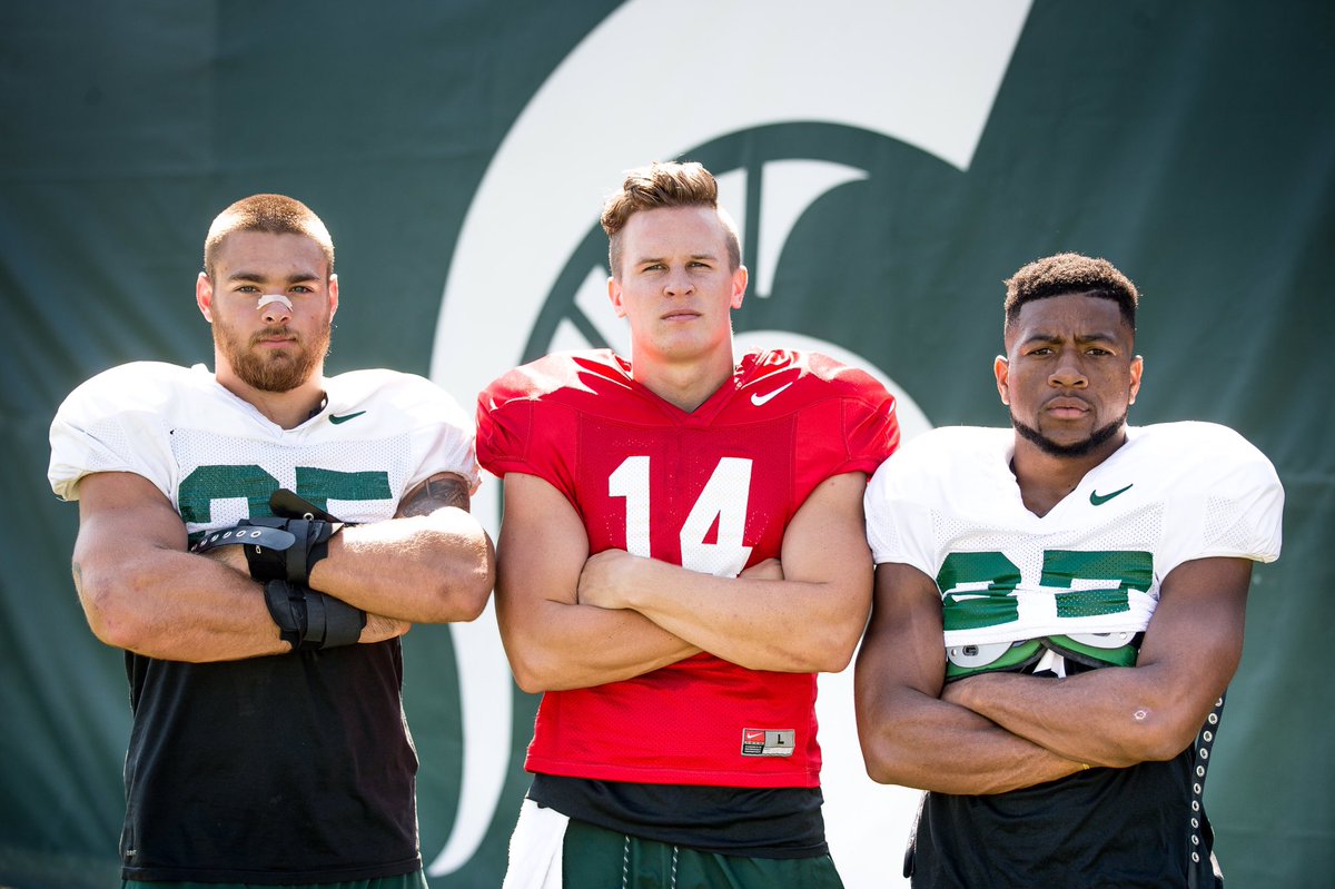 MSU_Football's tweet photo. Spartan fans, we are proud to introduce our 2018 team captains: Joe Bachie, Brian Lewerke and Khari Willis. We will see you next Friday night at the season opener against Utah State! #HEAVE https://t.co/hVFtXQFMey