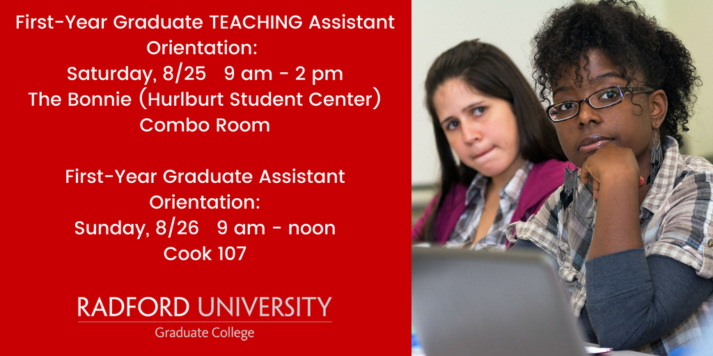 ETA: Correction to earlier Tweet: First-Year GAs and GTAs! Your orientation sessions <a href="/RadfordU/">Radford University</a> are this weekend! Please contact Michele Ralston at mralston2@radford.edu with any questions or concerns.