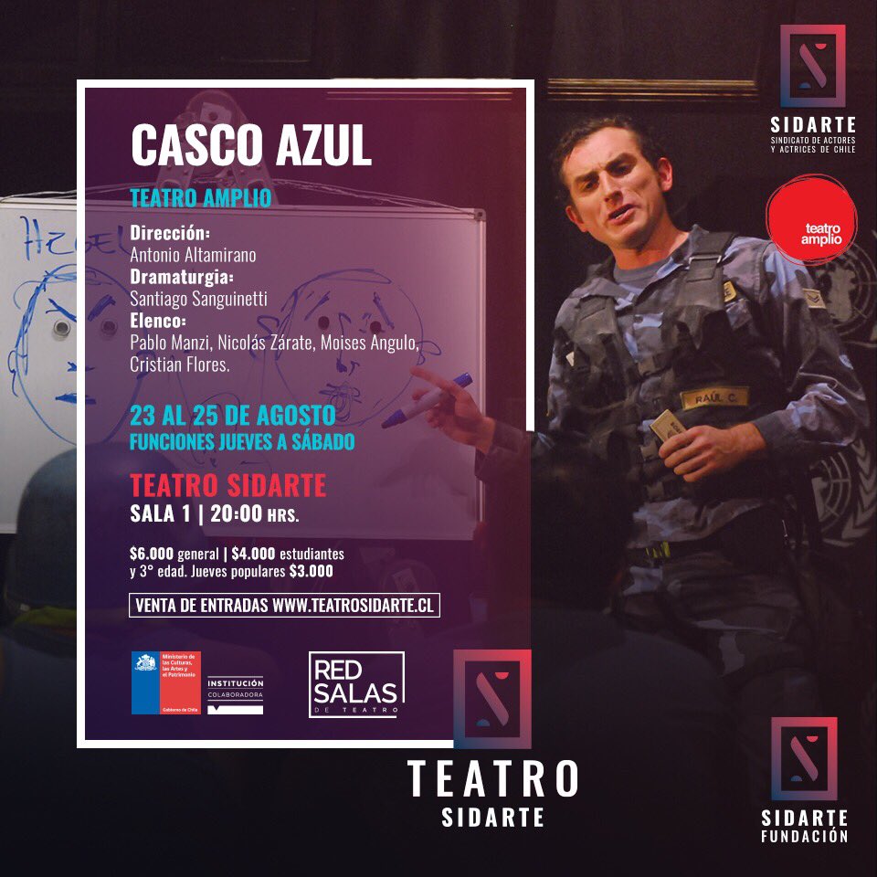 [Hoy jueves popular] 😁
CascoAzul de <a href="/TeatroAmplio/">Teatro Amplio</a> relata la vida de cuatro soldados chilenos que viajan a Haití en misión de paz. Entre ataques de zombies, muñecos vudús y apagones, harán lo posible para resistir un levantamiento armado que busca acabar con sus vidas.